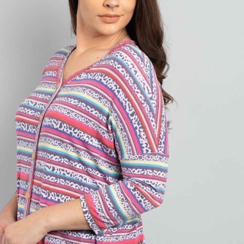 Top 3/4 Sleeves Multi Colors Leopard Stripes Size 1X